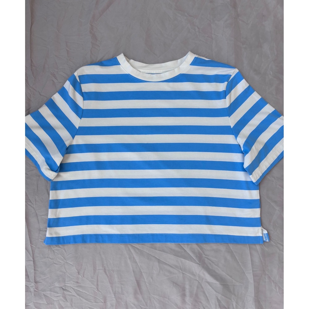 A New Day Women Blue White Striped Short Sleeve Boxy Crop T-Shirt Size Medium
